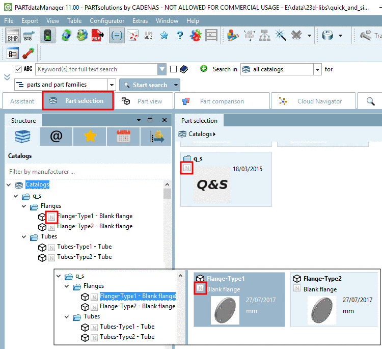 PARTdataManager - Part selection: The Quick&Simple catalog (Neutral catalog) and the single parts are marked with the respective icon .