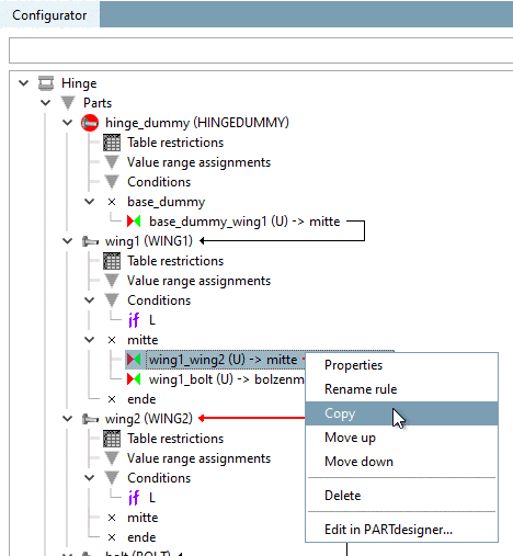 Copy rule in context menu of connection point