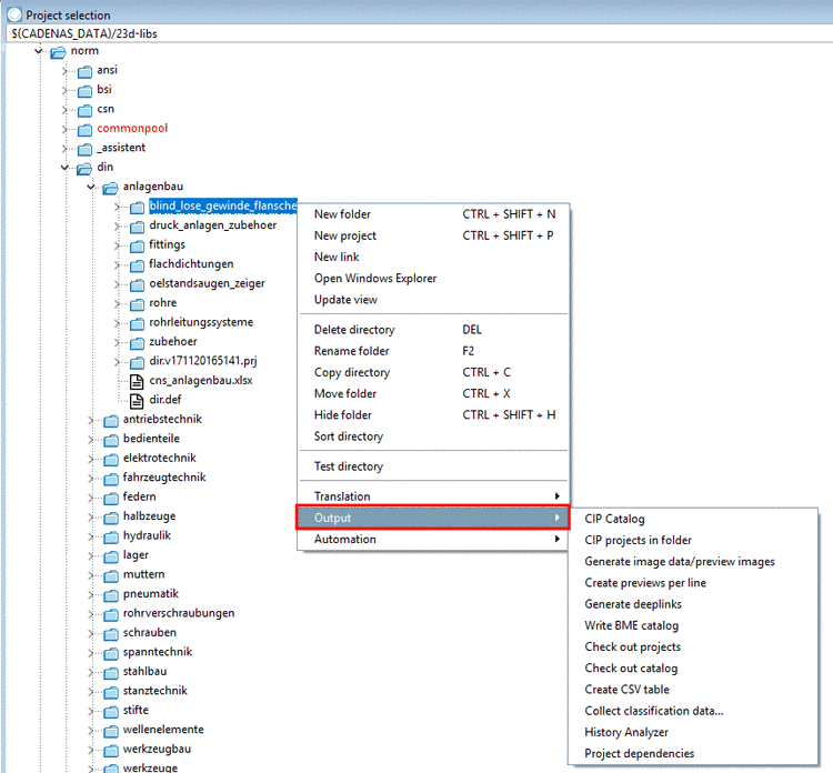 Context menu commands under "Output"