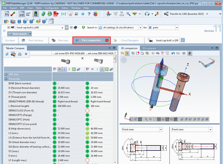 Parts can directly be transferred from the search results into the part comparison