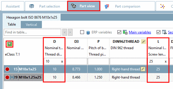 Filter table in part view