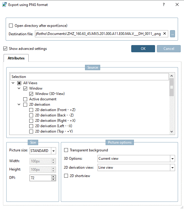 Tabbed page "Attributes" (exemplified with PNG format)