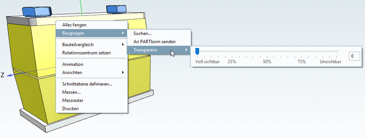 Context menu: Assembly - 3D view - Submenu "Assembly" -> "Transparency"
